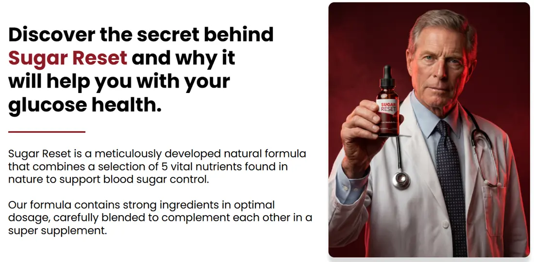 Doctor in a white coat holding a bottle of Sugar Reset liquid drops